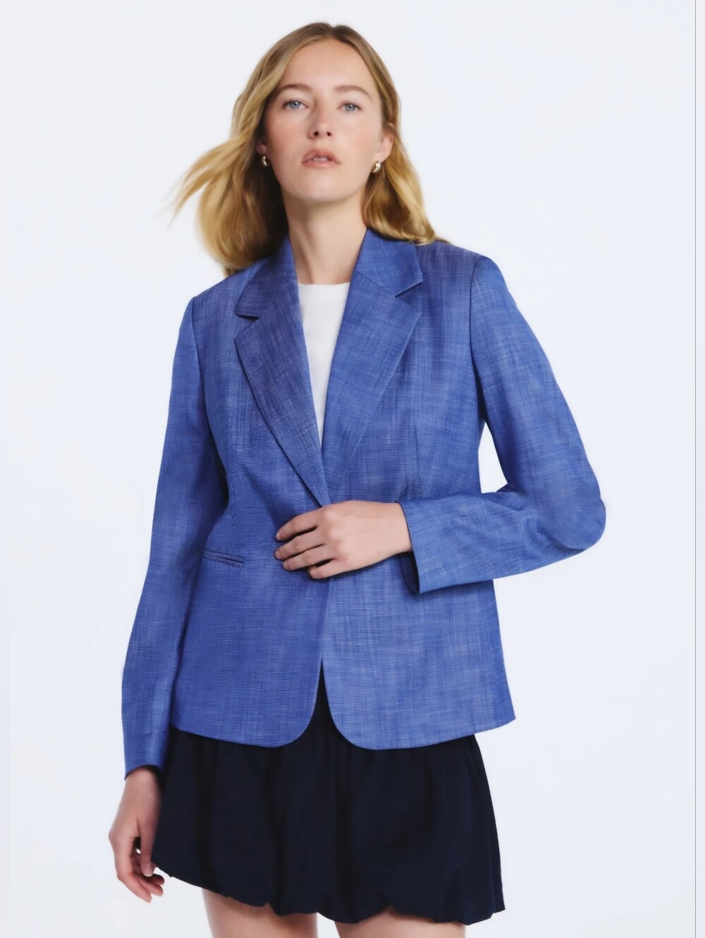 NWT Free Assembly Indigo Crosshatch Blazer Women’s Single-Breasted Jacket - Picture 2 of 8